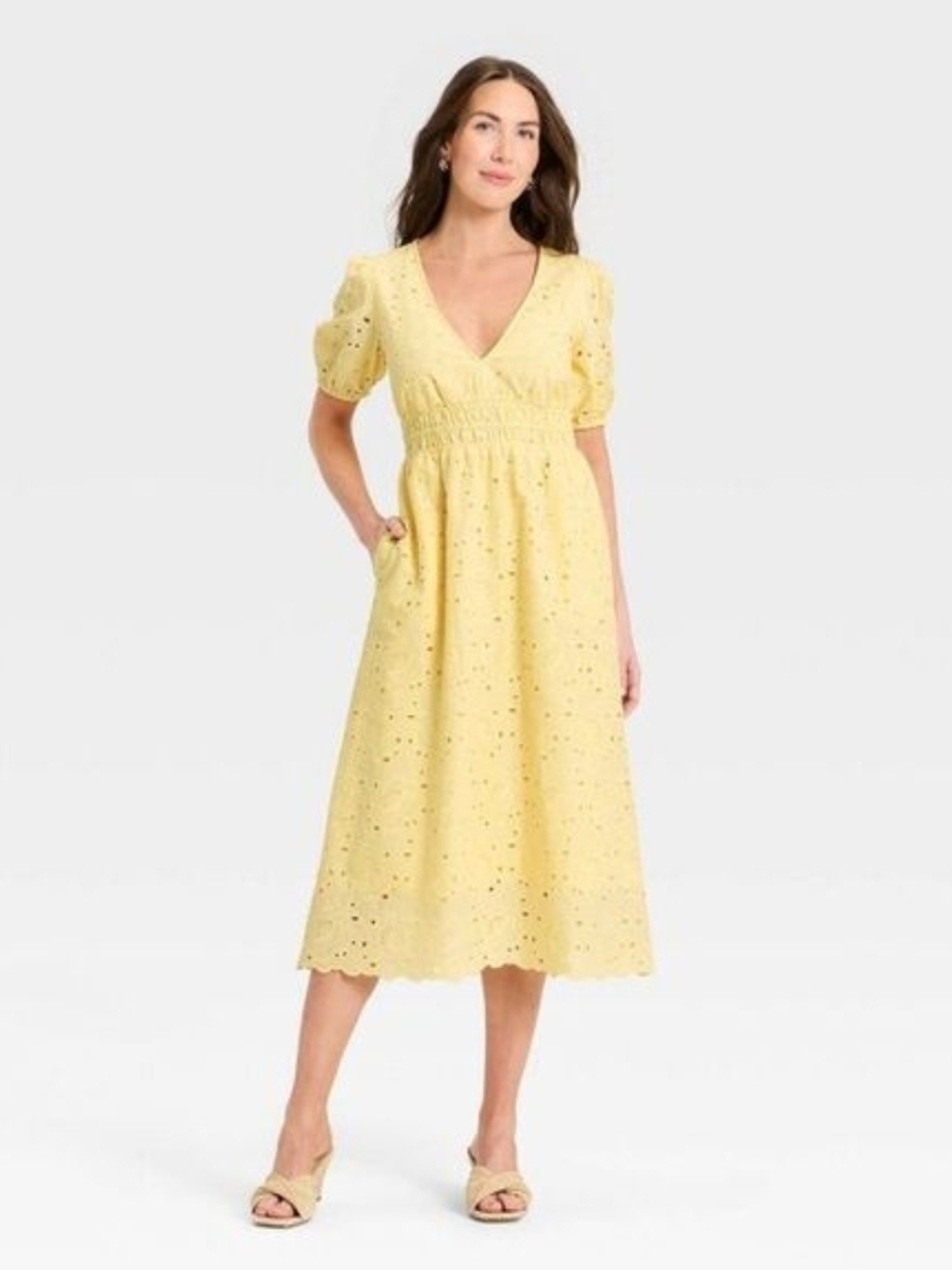 a new day Yellow Eyelet V-Neck Midi Dress with Puff Sleeves